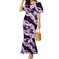 Puakenikeni Maile Lei Family Matching Mermaid Dress and Hawaiian Shirt Frangipani Purple Tropical Leaves LT01 Mom's Dress Purple - Polynesian Pride