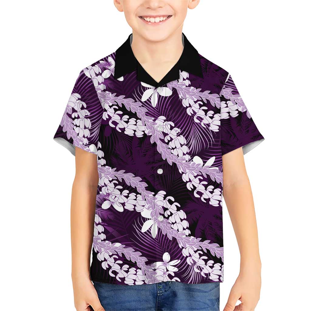 Puakenikeni Maile Lei Family Matching Mermaid Dress and Hawaiian Shirt Frangipani Purple Tropical Leaves LT01 Son's Shirt Purple - Polynesian Pride