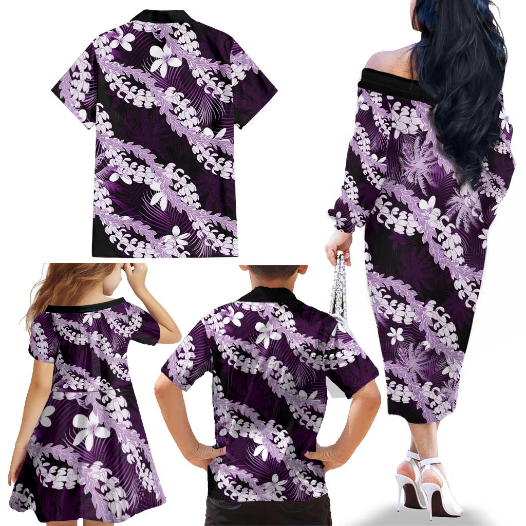 Puakenikeni Maile Lei Family Matching Off The Shoulder Long Sleeve Dress and Hawaiian Shirt Frangipani Purple Tropical Leaves
