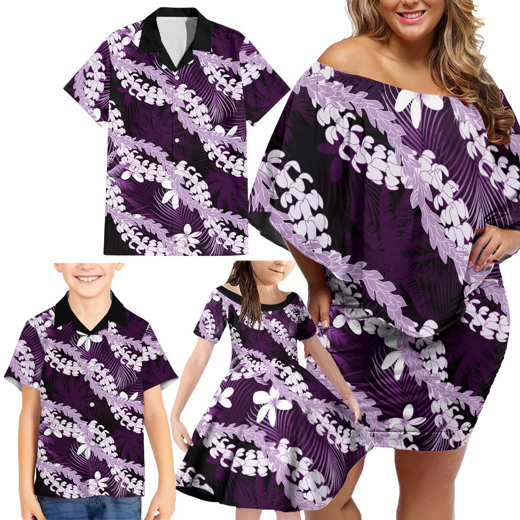 Puakenikeni Maile Lei Family Matching Off Shoulder Short Dress and Hawaiian Shirt Frangipani Purple Tropical Leaves LT01 - Polynesian Pride