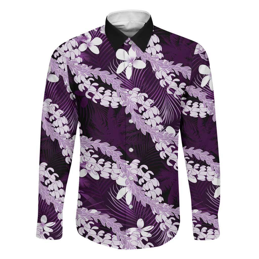 Puakenikeni Maile Lei Family Matching Off Shoulder Short Dress and Hawaiian Shirt Frangipani Purple Tropical Leaves LT01 Dad's Shirt - Long Sleeve Purple - Polynesian Pride