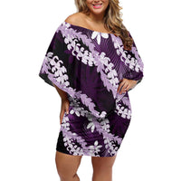 Puakenikeni Maile Lei Family Matching Off Shoulder Short Dress and Hawaiian Shirt Frangipani Purple Tropical Leaves LT01 Mom's Dress Purple - Polynesian Pride