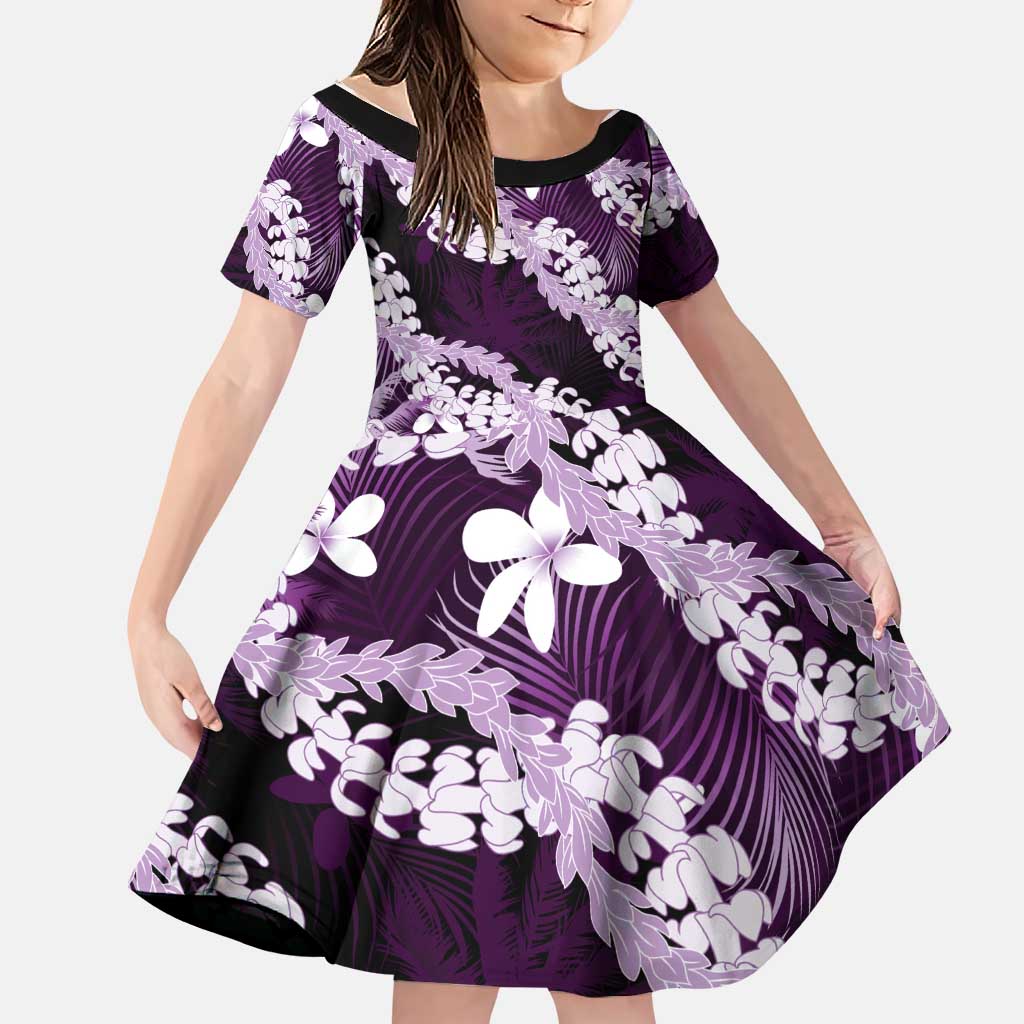 Puakenikeni Maile Lei Family Matching Puletasi and Hawaiian Shirt Frangipani Purple Tropical Leaves LT01 Daughter's Dress Purple - Polynesian Pride