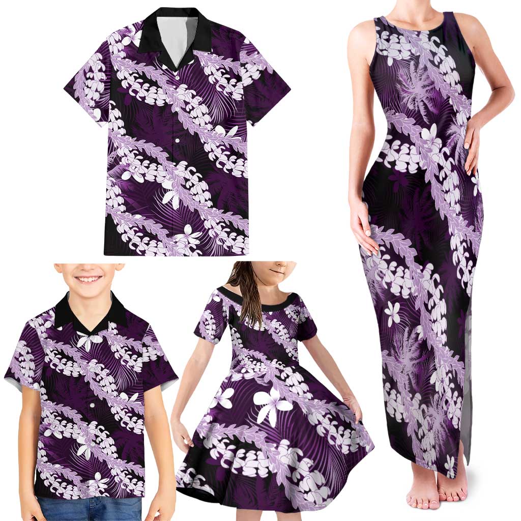 Puakenikeni Maile Lei Family Matching Tank Maxi Dress and Hawaiian Shirt Frangipani Purple Tropical Leaves LT01 - Polynesian Pride