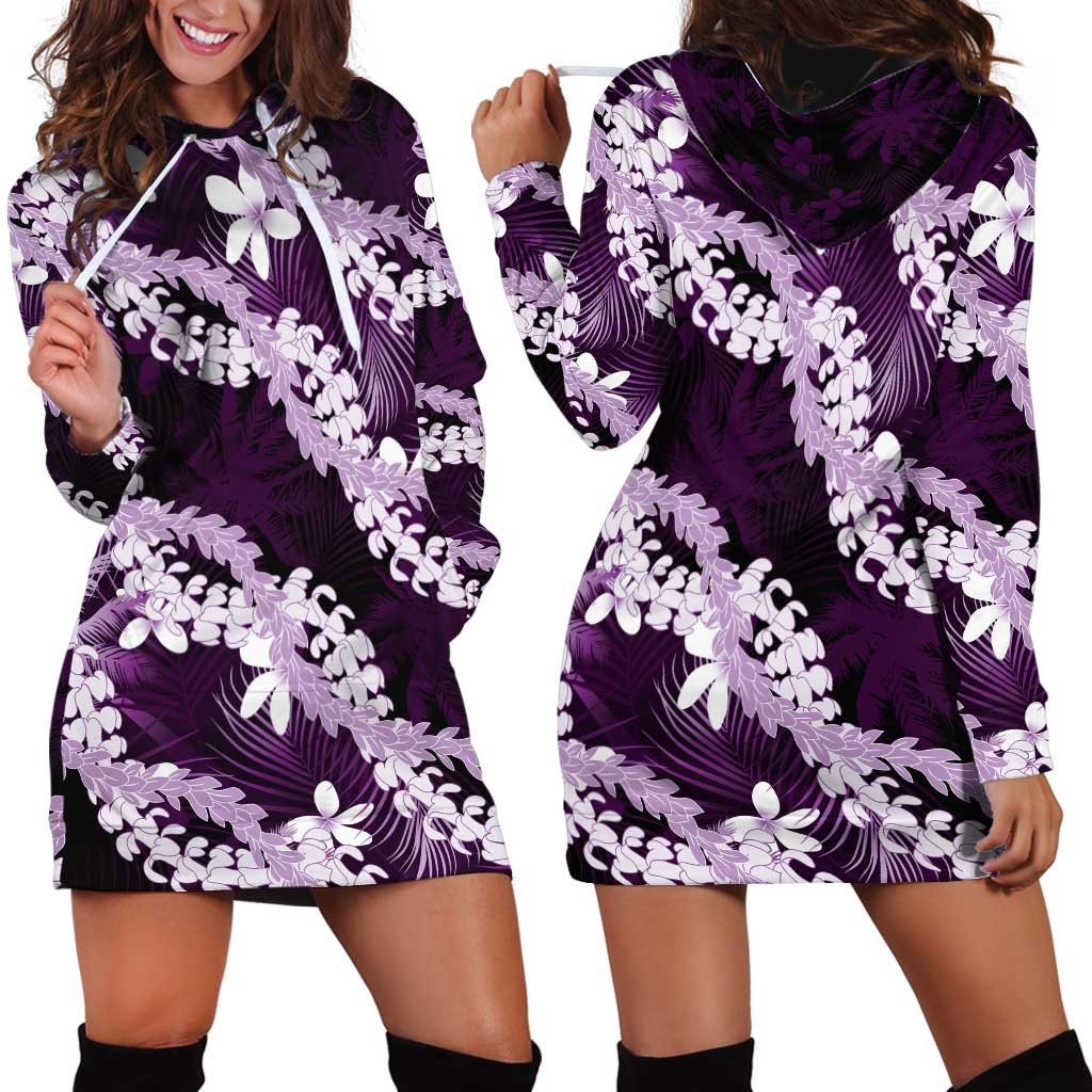 Puakenikeni Maile Lei Hoodie Dress Frangipani Purple Tropical Leaves