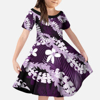 Puakenikeni Maile Lei Kid Short Sleeve Dress Frangipani Purple Tropical Leaves LT01 KID Purple - Polynesian Pride