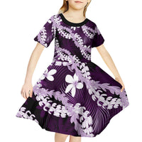 Puakenikeni Maile Lei Kid Short Sleeve Dress Frangipani Purple Tropical Leaves LT01 - Polynesian Pride