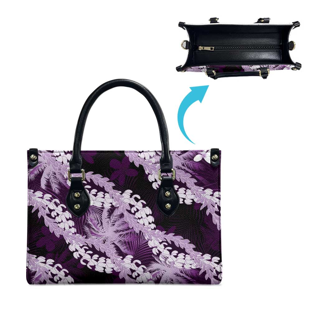 Puakenikeni Maile Lei Leather Bag Frangipani Purple Tropical Leaves