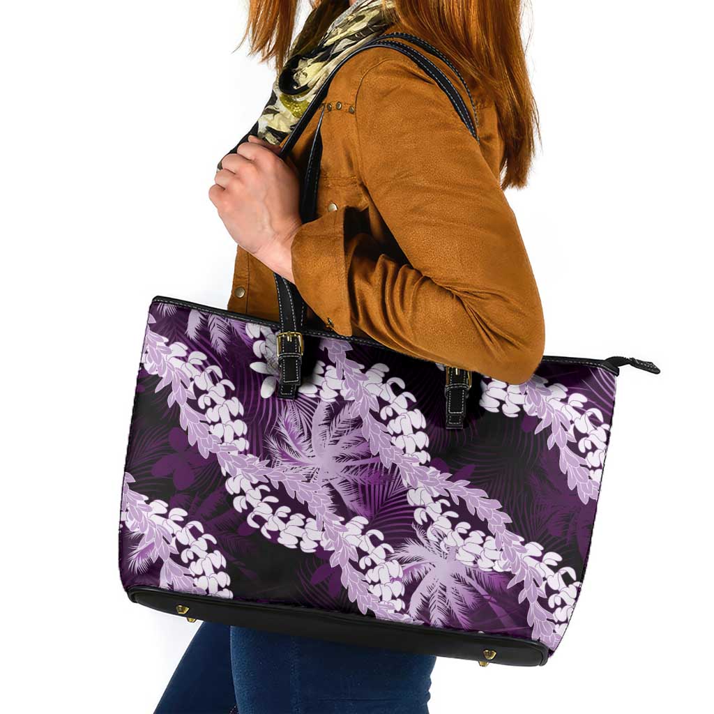Puakenikeni Maile Lei Leather Tote Bag Frangipani Purple Tropical Leaves