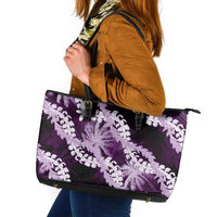 Puakenikeni Maile Lei Leather Tote Bag Frangipani Purple Tropical Leaves