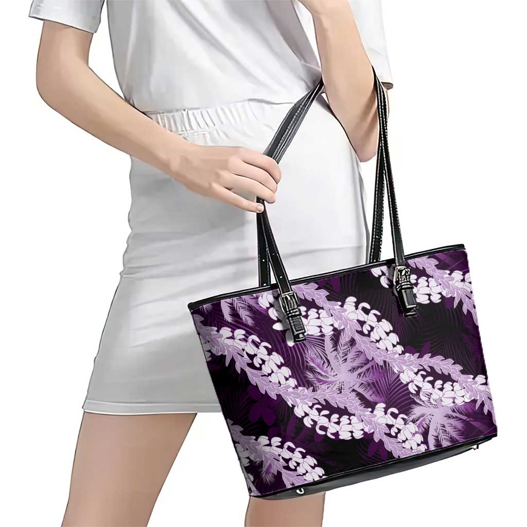 Puakenikeni Maile Lei Leather Tote Bag Frangipani Purple Tropical Leaves