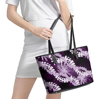 Puakenikeni Maile Lei Leather Tote Bag Frangipani Purple Tropical Leaves