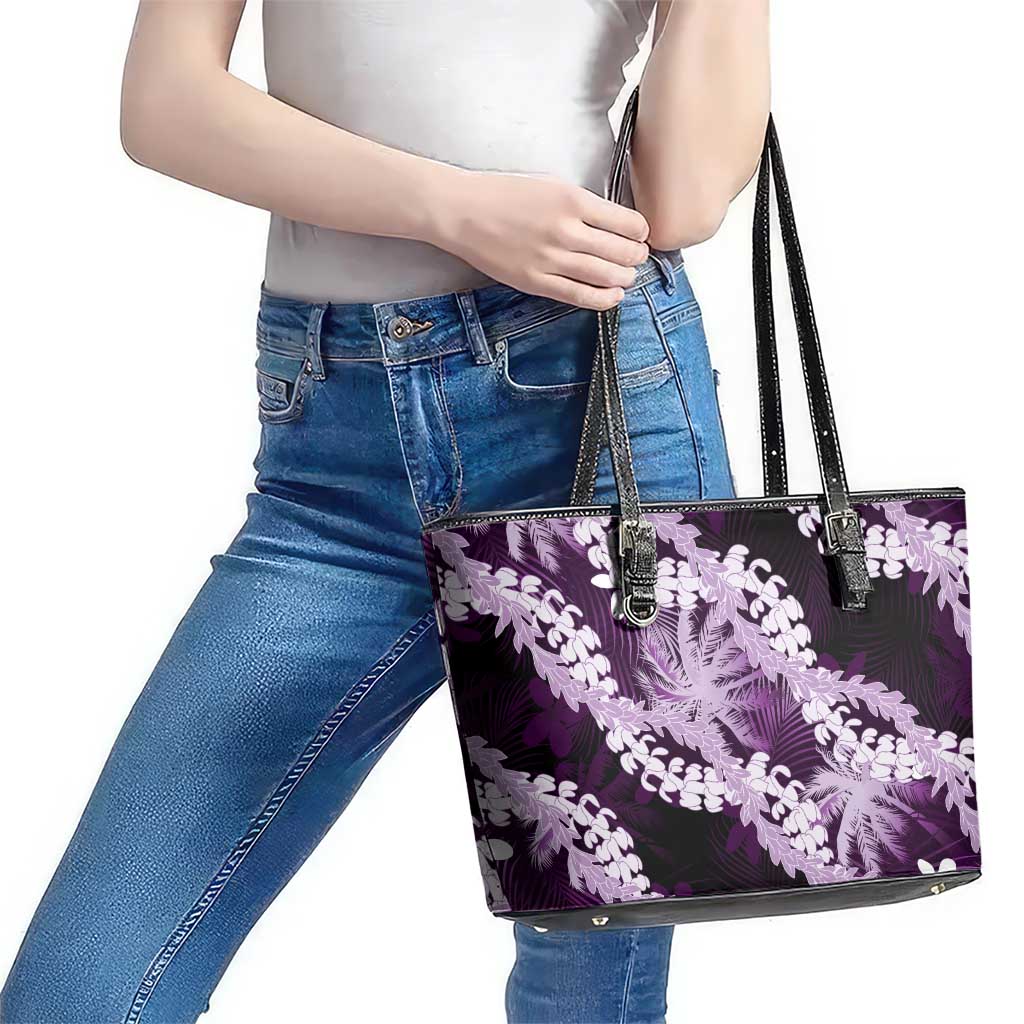 Puakenikeni Maile Lei Leather Tote Bag Frangipani Purple Tropical Leaves