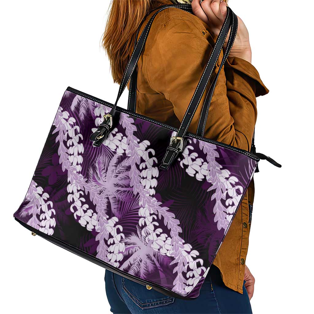 Puakenikeni Maile Lei Leather Tote Bag Frangipani Purple Tropical Leaves