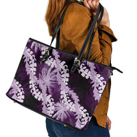 Puakenikeni Maile Lei Leather Tote Bag Frangipani Purple Tropical Leaves