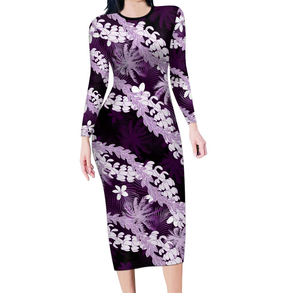 Puakenikeni Maile Lei Long Sleeve Bodycon Dress Frangipani Purple Tropical Leaves LT01 Long Dress Purple - Polynesian Pride