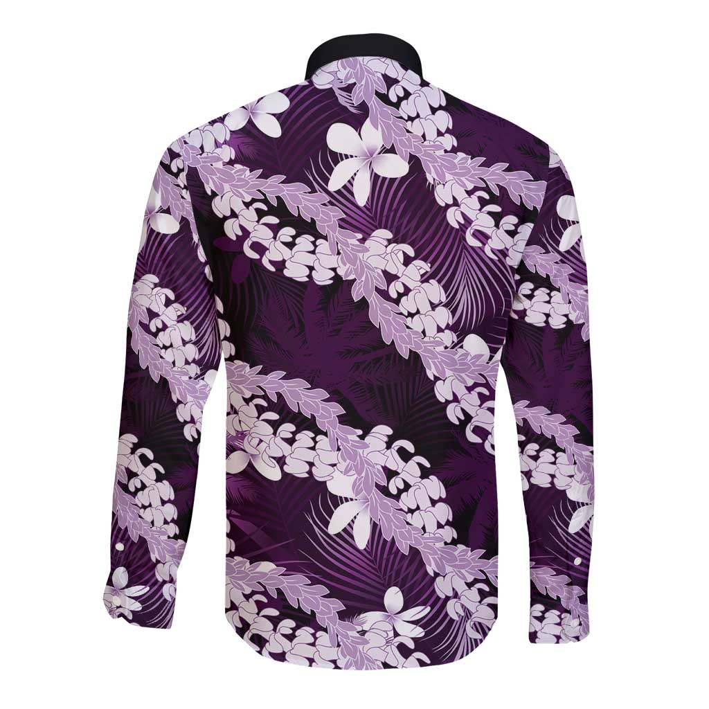 Puakenikeni Maile Lei Long Sleeve Button Shirt Frangipani Purple Tropical Leaves