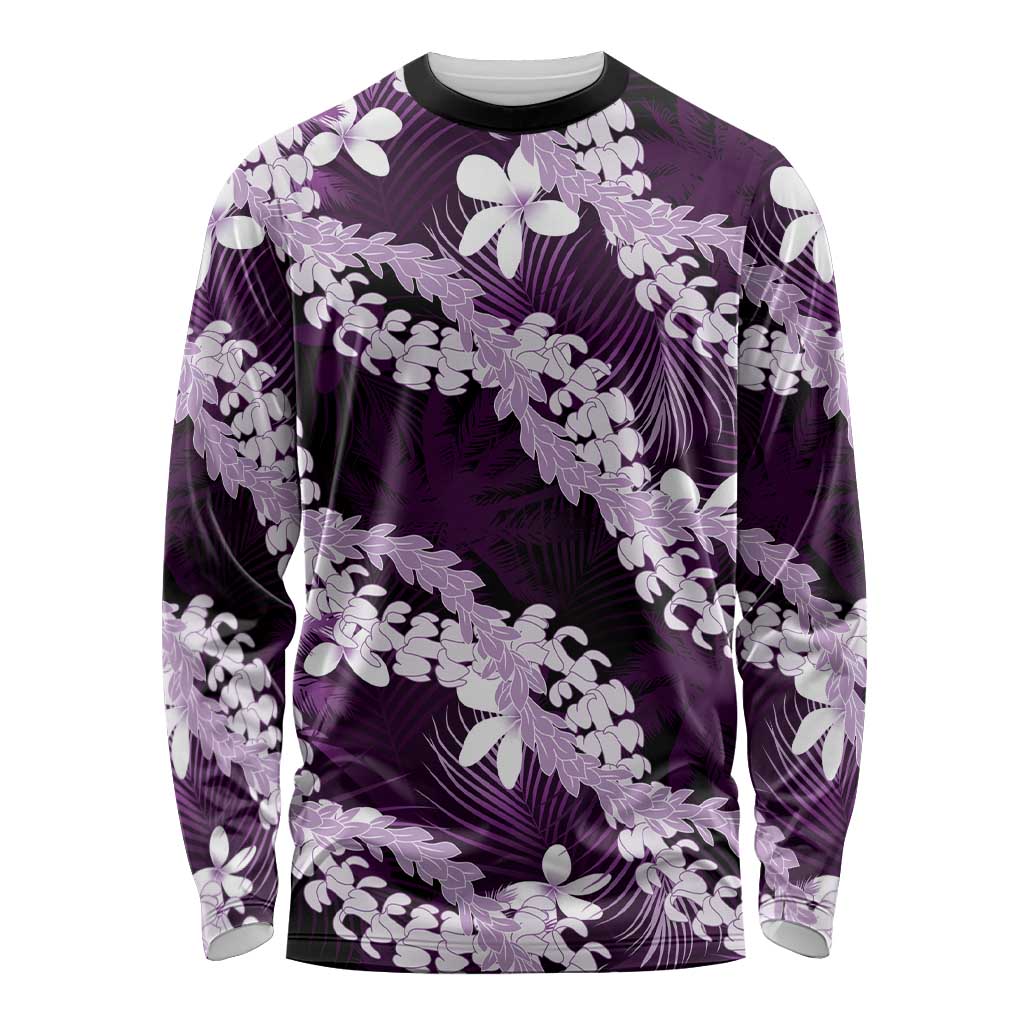 Puakenikeni Maile Lei Long Sleeve Shirt Frangipani Purple Tropical Leaves