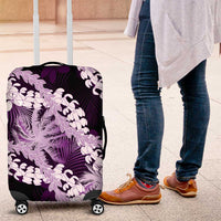 Puakenikeni Maile Lei Luggage Cover Frangipani Purple Tropical Leaves