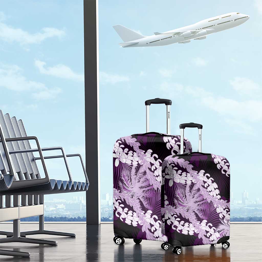 Puakenikeni Maile Lei Luggage Cover Frangipani Purple Tropical Leaves