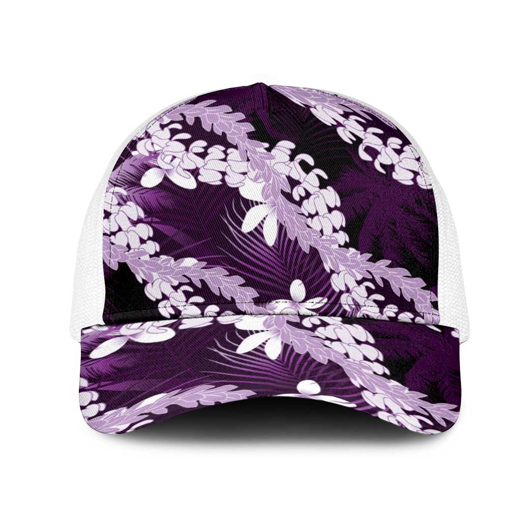 Puakenikeni Maile Lei Mesh Trucker Cap Frangipani Purple Tropical Leaves