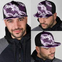 Puakenikeni Maile Lei Mesh Trucker Cap Frangipani Purple Tropical Leaves