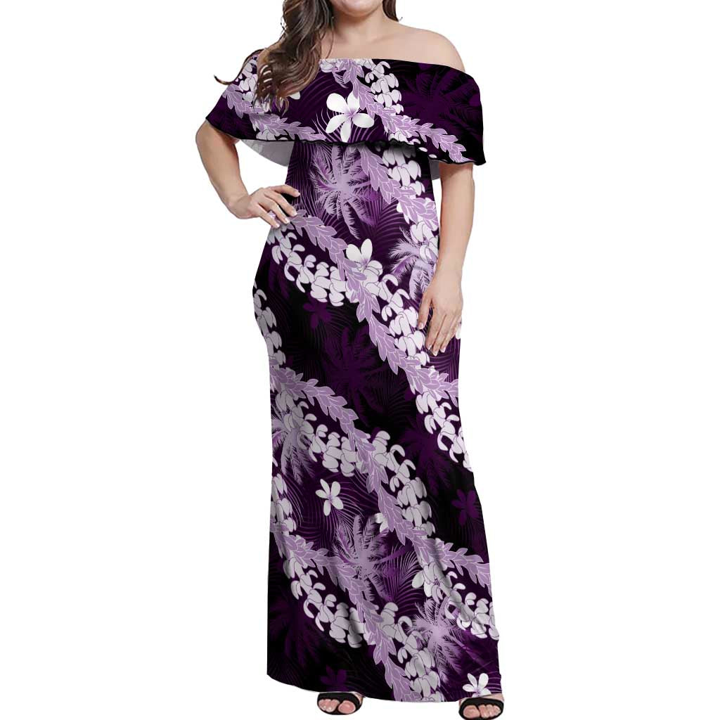 Puakenikeni Maile Lei Off Shoulder Maxi Dress Frangipani Purple Tropical Leaves LT01 Women Purple - Polynesian Pride