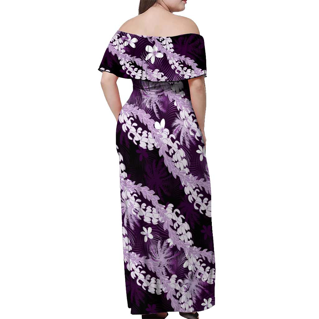 Puakenikeni Maile Lei Off Shoulder Maxi Dress Frangipani Purple Tropical Leaves LT01 - Polynesian Pride