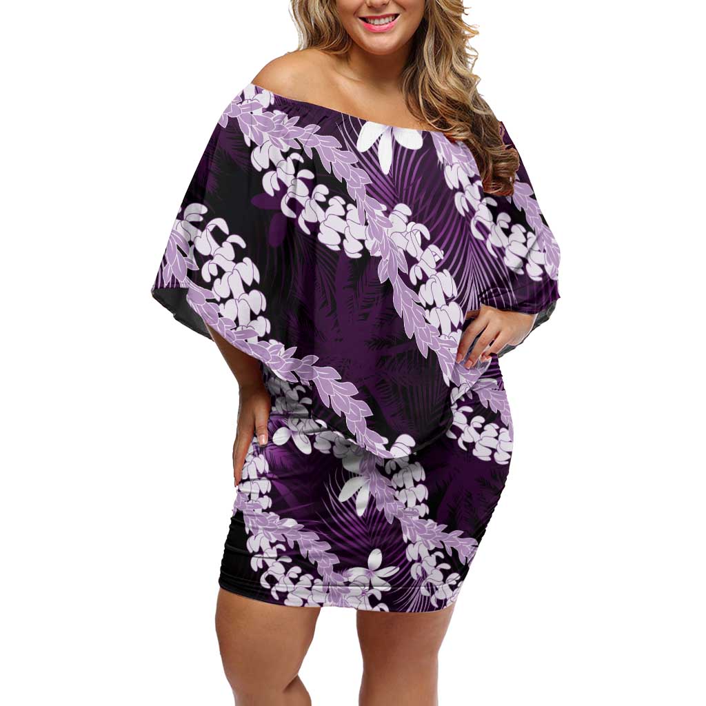 Puakenikeni Maile Lei Off Shoulder Short Dress Frangipani Purple Tropical Leaves LT01 Women Purple - Polynesian Pride