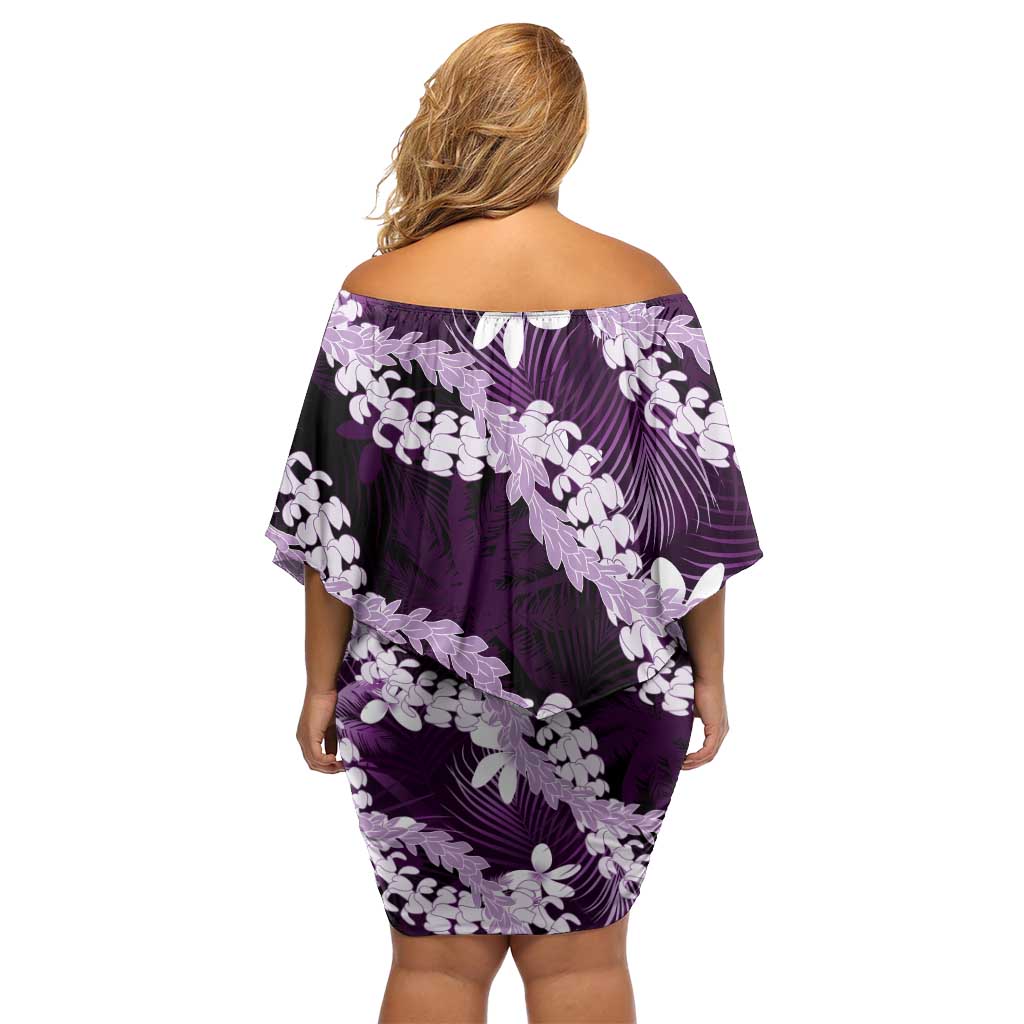 Puakenikeni Maile Lei Off Shoulder Short Dress Frangipani Purple Tropical Leaves LT01 - Polynesian Pride