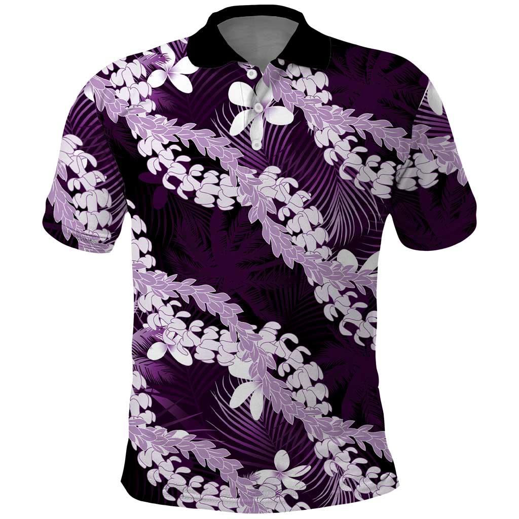 Puakenikeni Maile Lei Polo Shirt Frangipani Purple Tropical Leaves