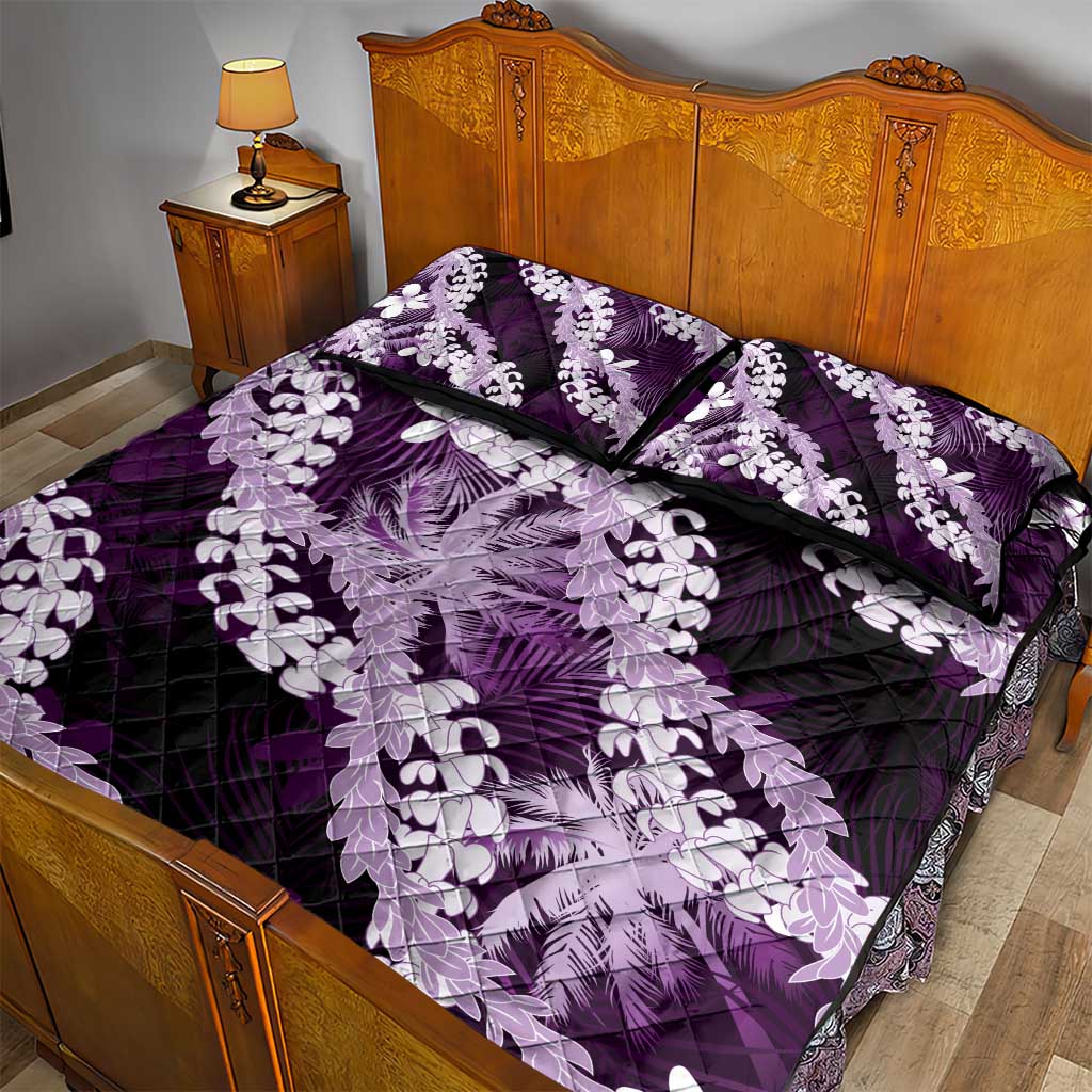 Puakenikeni Maile Lei Quilt Bed Set Frangipani Purple Tropical Leaves
