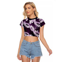 Puakenikeni Maile Lei Raglan Cropped T Shirt Frangipani Purple Tropical Leaves LT01 Female Purple - Polynesian Pride