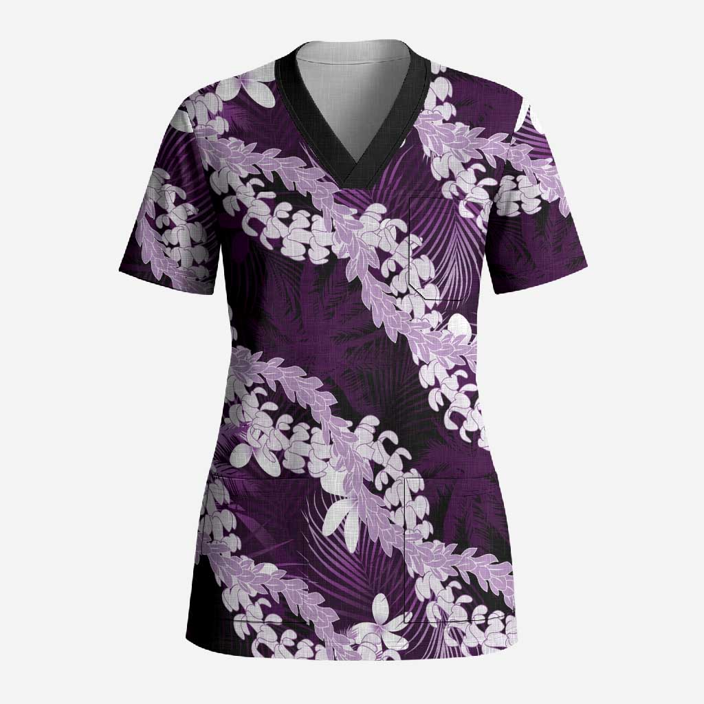 Puakenikeni Maile Lei Scrub Top Frangipani Purple Tropical Leaves