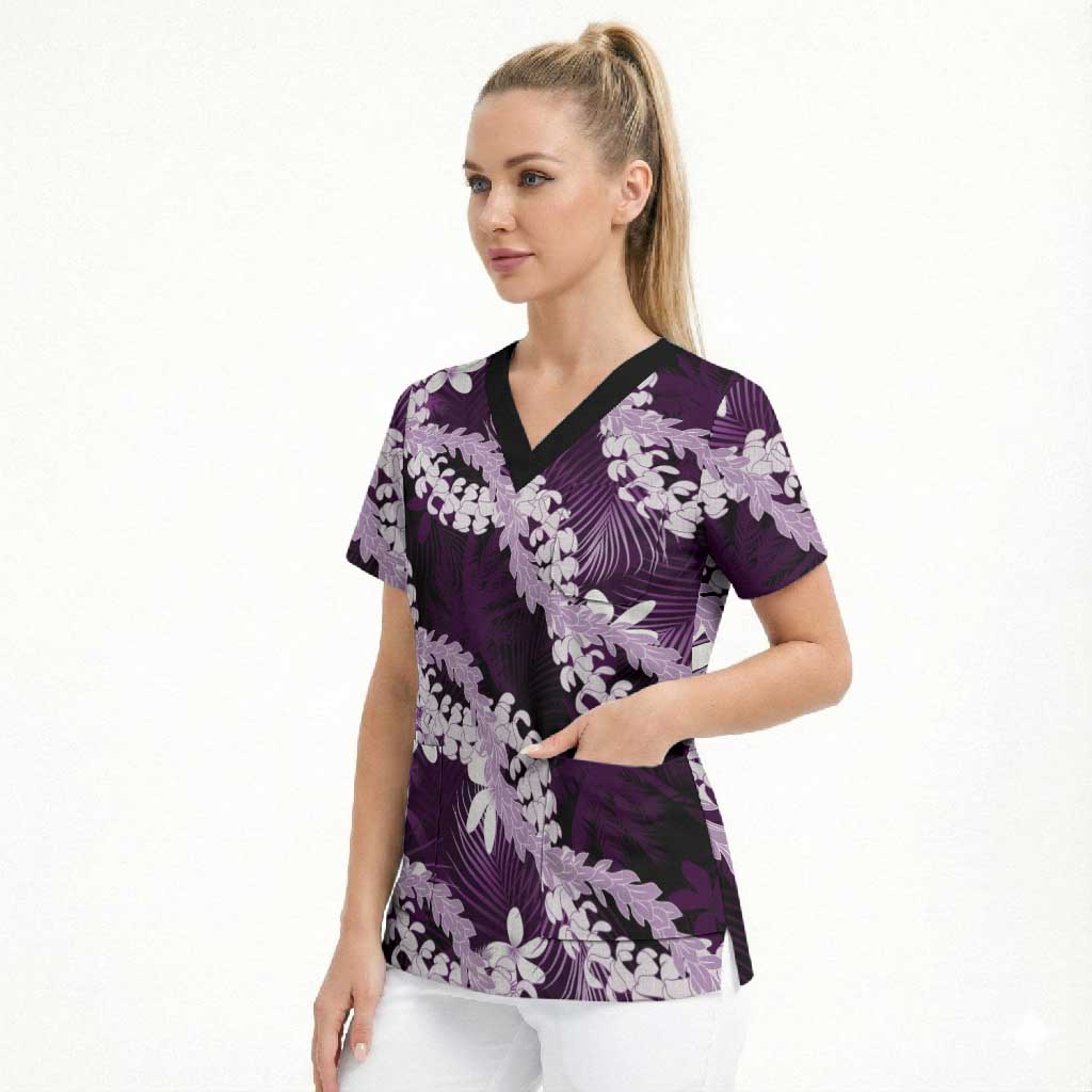 Puakenikeni Maile Lei Scrub Top Frangipani Purple Tropical Leaves