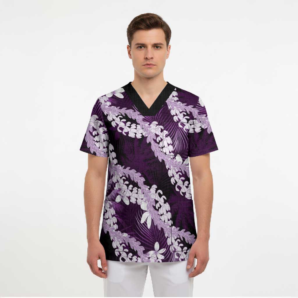 Puakenikeni Maile Lei Scrub Top Frangipani Purple Tropical Leaves