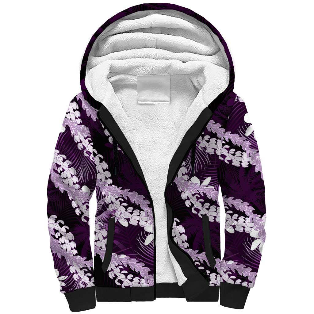Puakenikeni Maile Lei Sherpa Hoodie Frangipani Purple Tropical Leaves