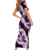 Puakenikeni Maile Lei Short Sleeve Bodycon Dress Frangipani Purple Tropical Leaves LT01 - Polynesian Pride