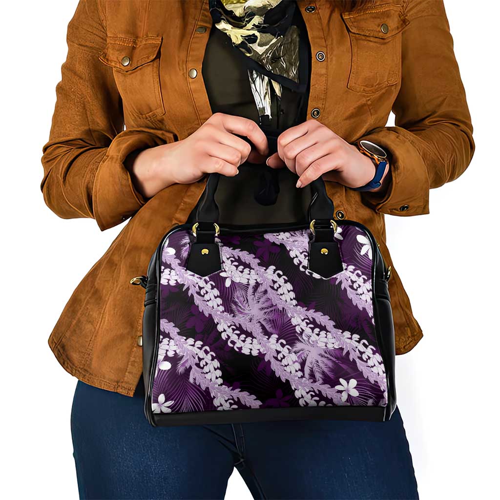 Puakenikeni Maile Lei Shoulder Handbag Frangipani Purple Tropical Leaves