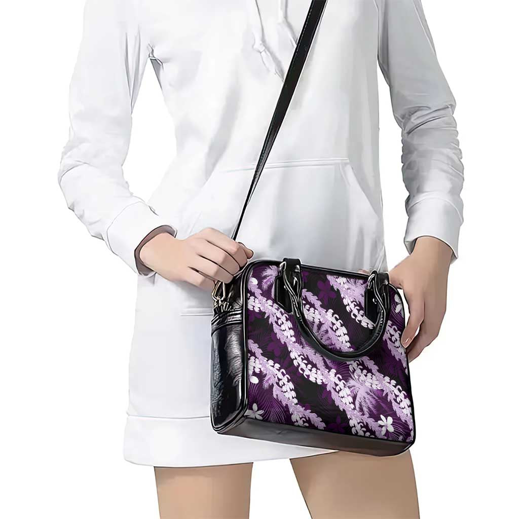 Puakenikeni Maile Lei Shoulder Handbag Frangipani Purple Tropical Leaves