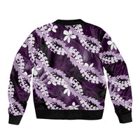 Puakenikeni Maile Lei Sleeve Zip Bomber Jacket Frangipani Purple Tropical Leaves