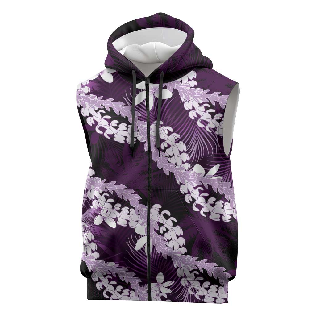 Puakenikeni Maile Lei Sleeveless Zip Hoodie Frangipani Purple Tropical Leaves