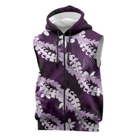 Puakenikeni Maile Lei Sleeveless Zip Hoodie Frangipani Purple Tropical Leaves