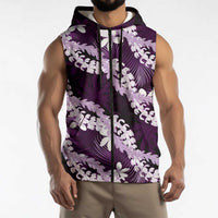 Puakenikeni Maile Lei Sleeveless Zip Hoodie Frangipani Purple Tropical Leaves
