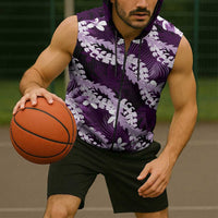 Puakenikeni Maile Lei Sleeveless Zip Hoodie Frangipani Purple Tropical Leaves