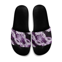Puakenikeni Maile Lei Slide Sandals Frangipani Purple Tropical Leaves