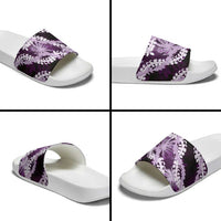 Puakenikeni Maile Lei Slide Sandals Frangipani Purple Tropical Leaves