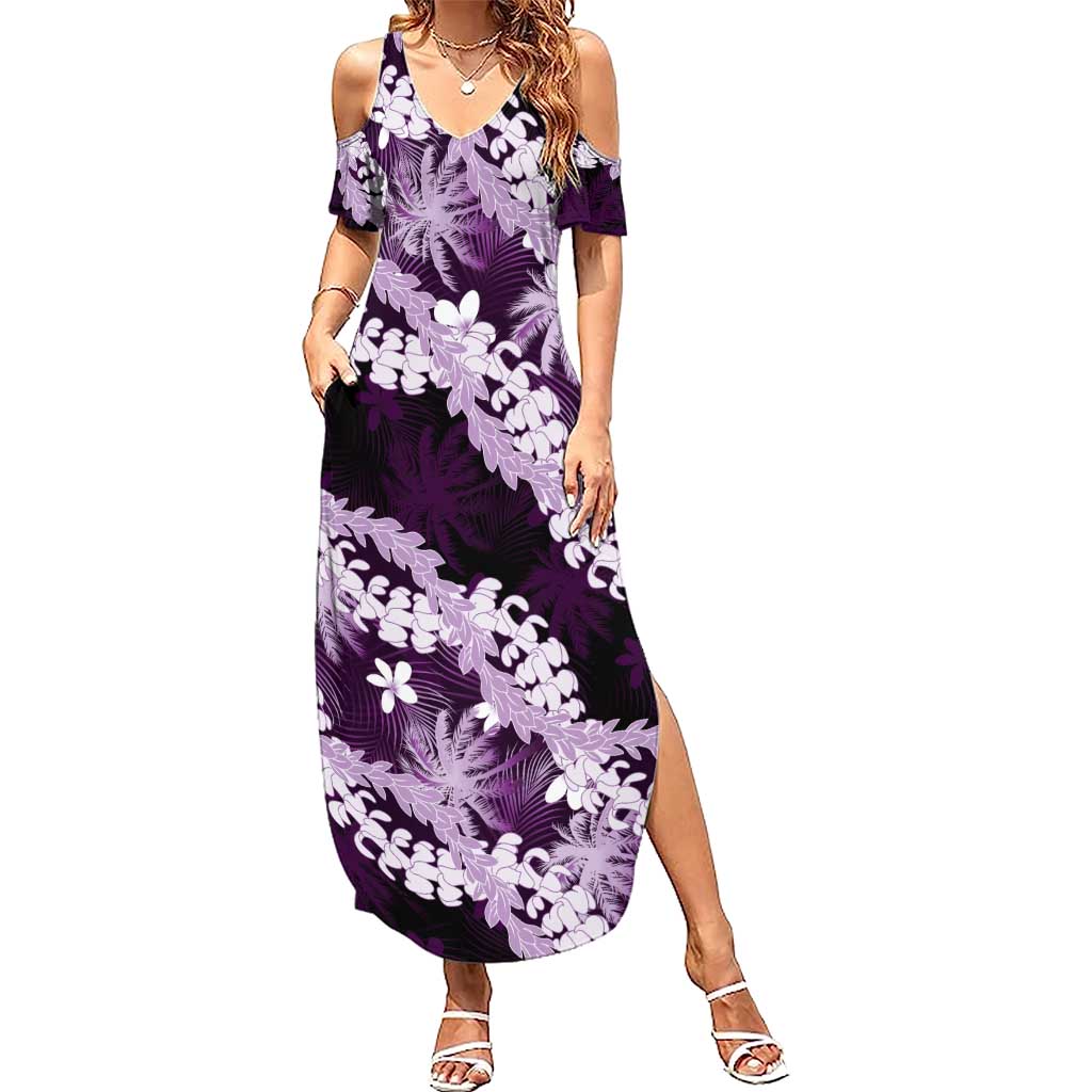 Puakenikeni Maile Lei Summer Maxi Dress Frangipani Purple Tropical Leaves