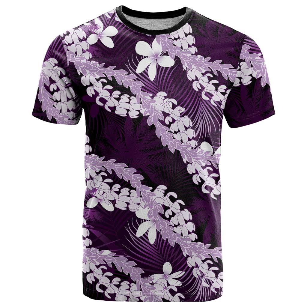Puakenikeni Maile Lei T Shirt Frangipani Purple Tropical Leaves LT01 Purple - Polynesian Pride