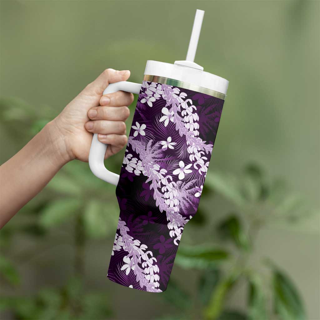 Puakenikeni Maile Lei Tumbler With Handle Frangipani Purple Tropical Leaves LT01 - Polynesian Pride